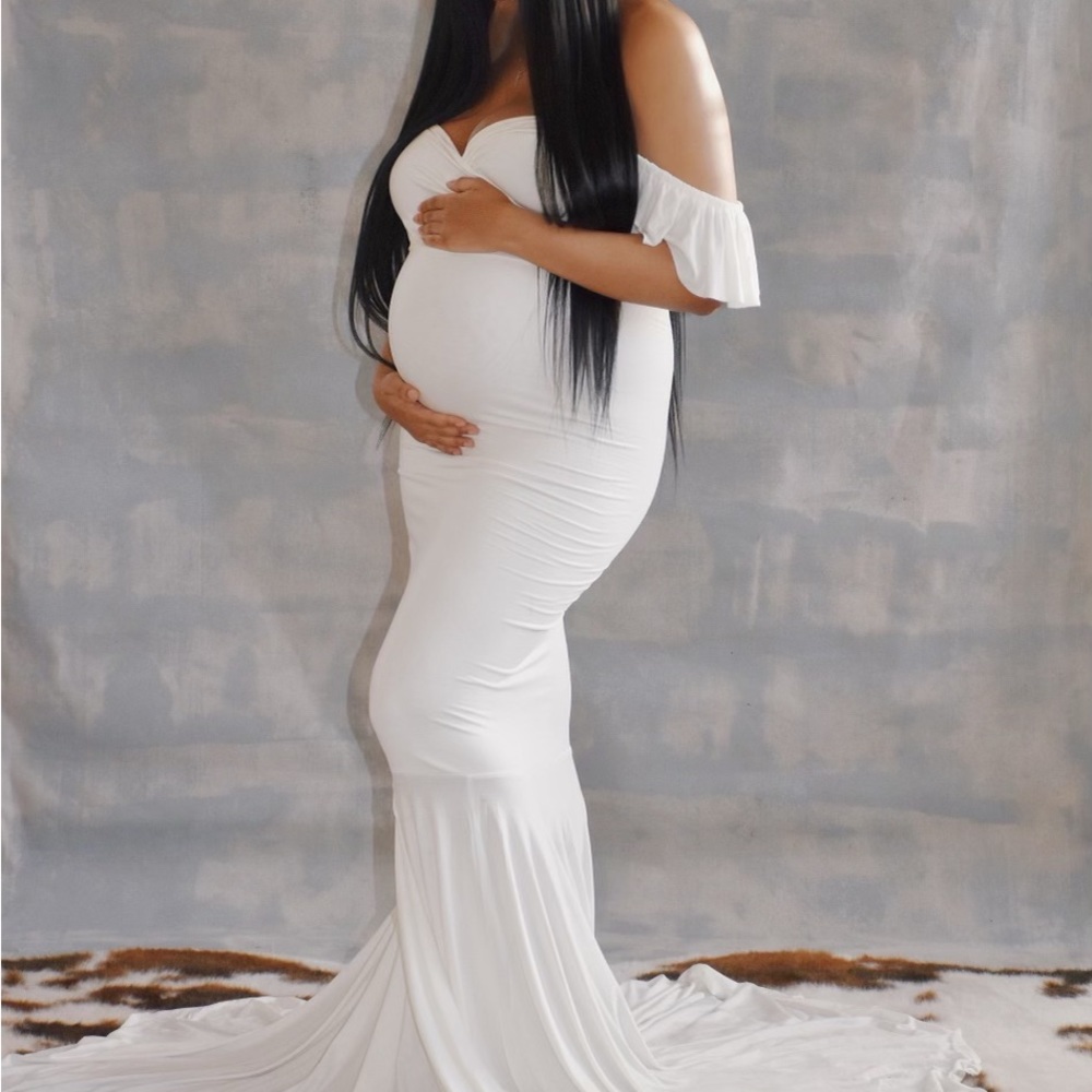 Saslax Off Shoulder Ruffle Sleeves Elegant Fitted Maxi Maternity dress